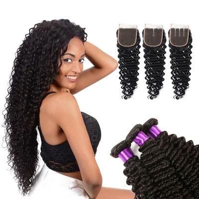 Kbeth Wholesale Peruvian Human Hair Bundles with Closure Deep Wave Hair Extension Unprocessed Natural Color 4X4 Lace Closure with 3 Bundles