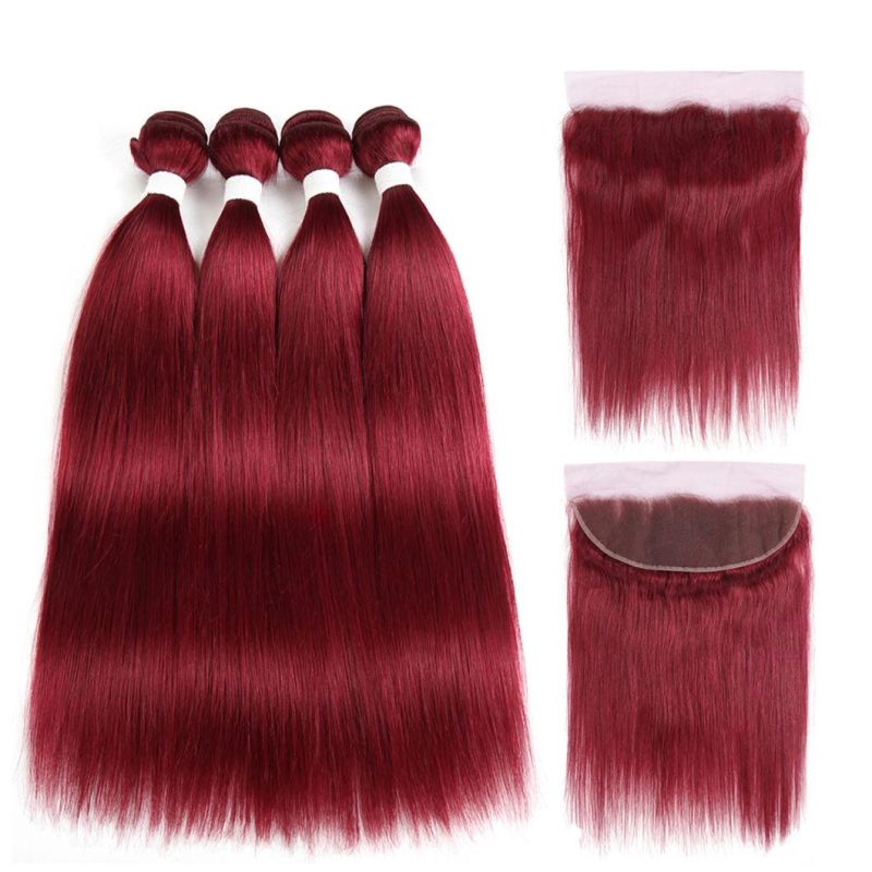 Burgundy Red Color Bundles with Frontal Brazilian Straight Human Hair Weave Bundles Non-Remy Hair Extension