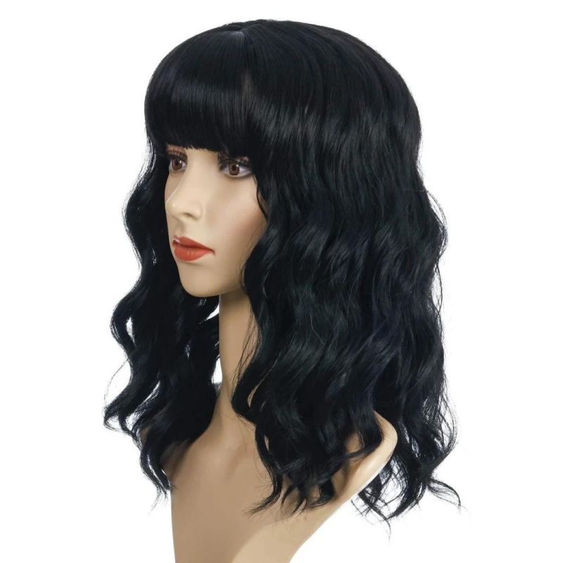 Wavy Wig Shoulder Length Short Bob Wigs with Bangs Curly Wavy Synthetic Wig for Women