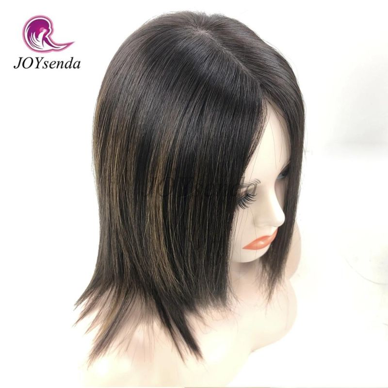 Small Layered Invisible Knots Silk Top Human Hair Kosher Wig Sheitel Dark Brown Color with Highlight Kosher Jewish Wigs