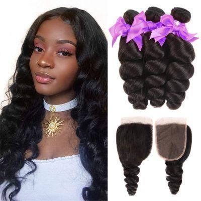 Loose Wave 3 Bundles with Lace Closure 100% Unprocessed Virgin Human Hair Bundles Free Part Natural Color