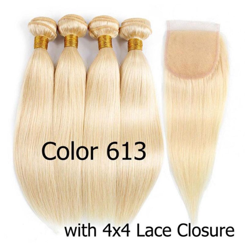 Brazilian 100% Human Hair Bundle with Lace Closure Middle Part Ombre Honey Blond Straight Remy Human Hair for Woman