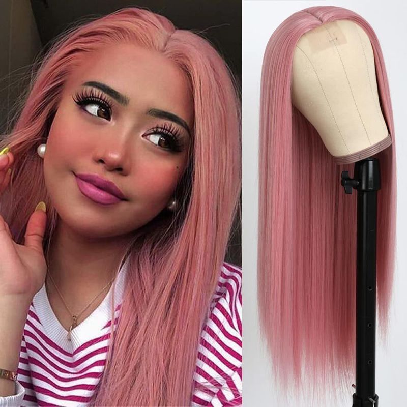 Lace Front Wigs, Long Straight Hair Peachpink Color Glueless Heat Resistant Fiber Hair Synthetic Lace Front Wigs