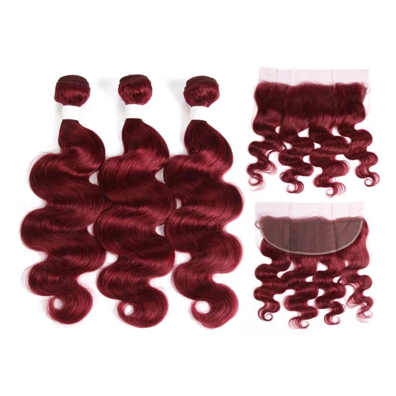 Factory Price Body Wave Human Hair Bundles with Frontal 13X4 Brazilian Red Color Hair Bundles with Closure Remy Hair #99j