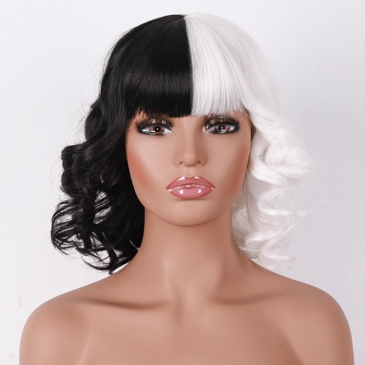 Synthetic Hair Wigs with Bangs Black and White Two Tone 20 Inch Straight and Curly Luxury Custom Design Wig