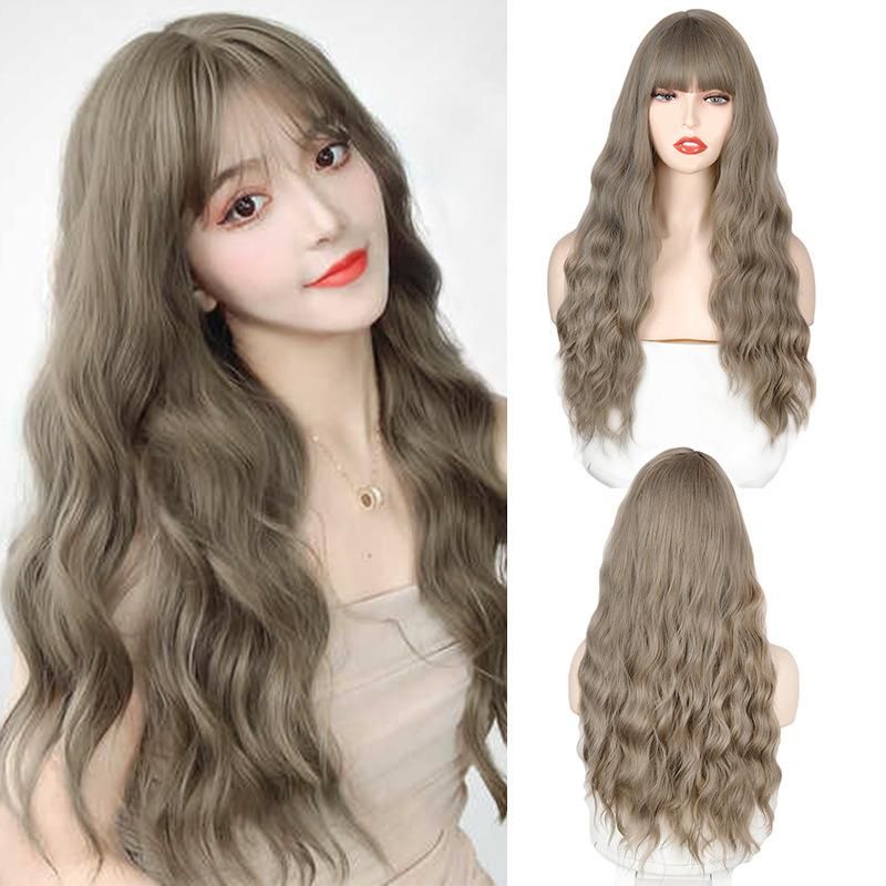 European and American Long Water Curls Wavy Wigs with Bangs Heat Resistant Synthetic Fiber Hair