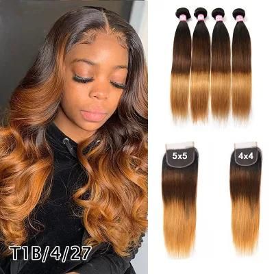 10A Ombre Body Wave Human Hair Bundles with 4X4 Lace Closure Remy Hair Extension Brown and Black T1b/4/27 for Sexy Women 26&quot; Size