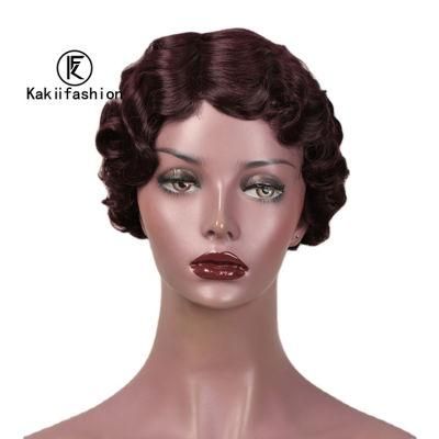 Wholesale Short Pixie Cut Finger Wave Wine Red Wig with Bangs for Black Women Synthetic Hair Wigs