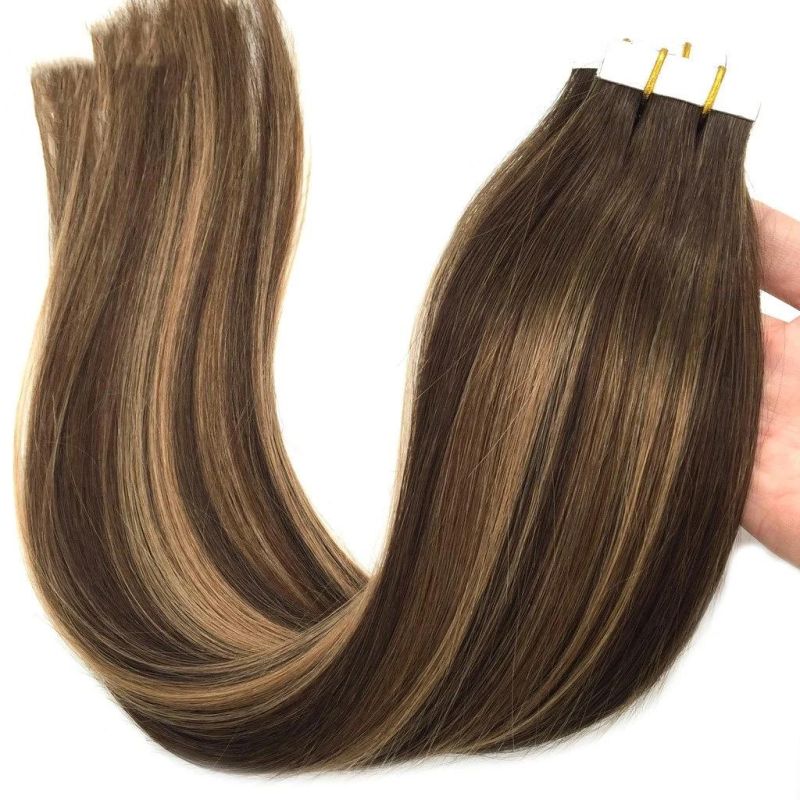 20PCS 50g Human Hair Extensions Tape in Ombre Chocolate Brown to Caramel Blonde Natural Hair Extensions Tape in Real Hair Straight 14 Inch