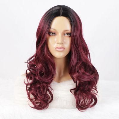 Synthetic Wigs with Dark Roots Ombre Wine Red Body Wave Middle Part Long Heat Resistant Fiber Hair for Women