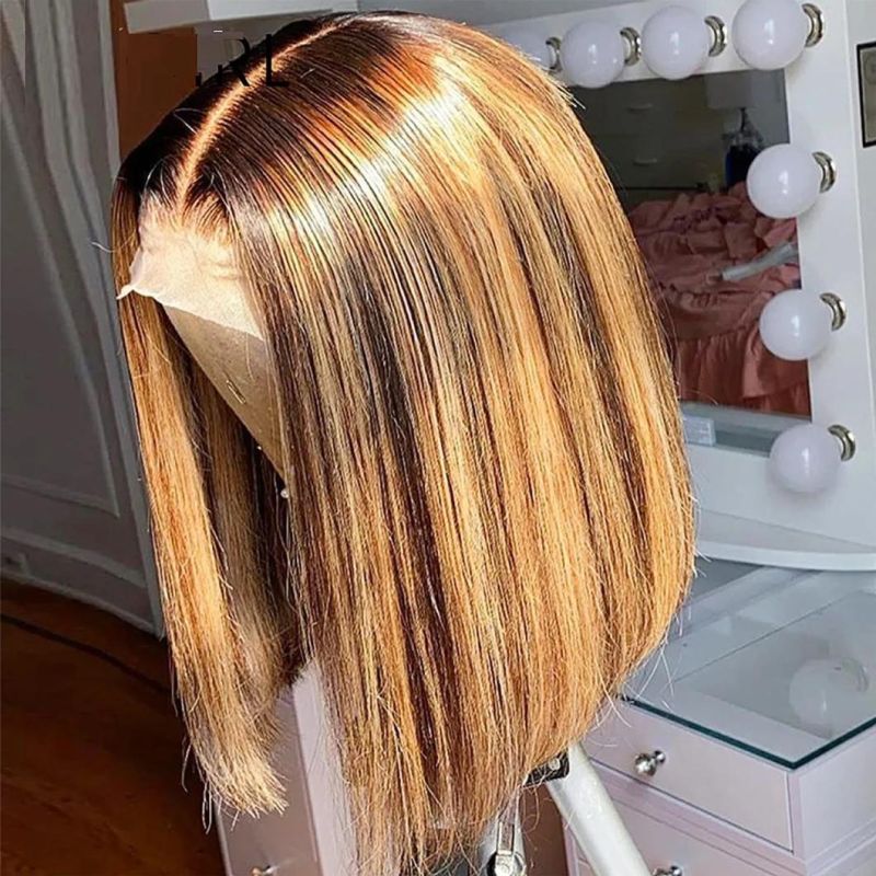 Highlight Glueless Bob Wig Straight 4/27 Ombre Brazilian Brown Blonde 4× 1 Lace Front Human Hair Wigs