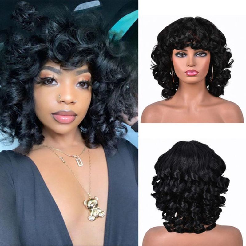 Brazilian Human Hair Short Hair Afro Curly Wig with Bangs Loose Fluffy Shoulder Length Natural Lace Front Wigs for Black Women 14"