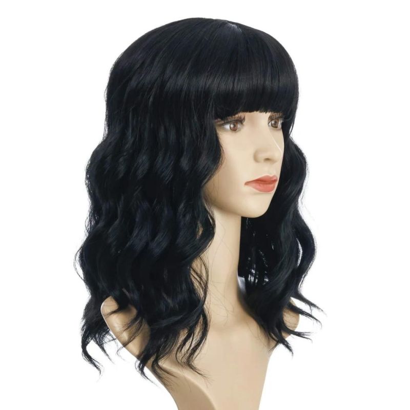Wavy Wig Shoulder Length Short Bob Wigs with Bangs Curly Wavy Synthetic Wig for Women