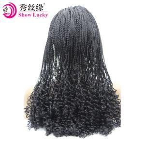 Heat Resistant Fiber Braided Wig Natural Black Box Adjustable Braided with Baby Hair Synthetic Lace Front Wig with Kinky Curly End Hair Product