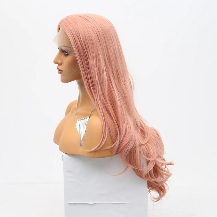 China Wig Synthetic Fiber Lace Frontal Long Natural Wavy Pink Hair Wig