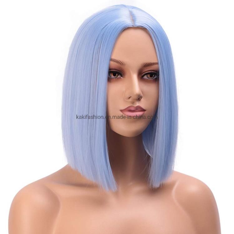 Kakiifashion Hair Blue Color Wholesale Heat Resistant Short Bob Silly Straight Synthetic Hair Wigs