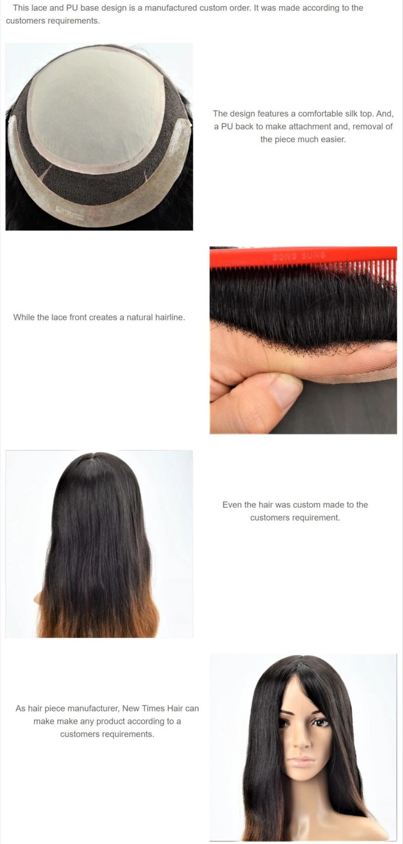 Custom Ladies PU and Lace Base Real Human Hair Silk Top Wig