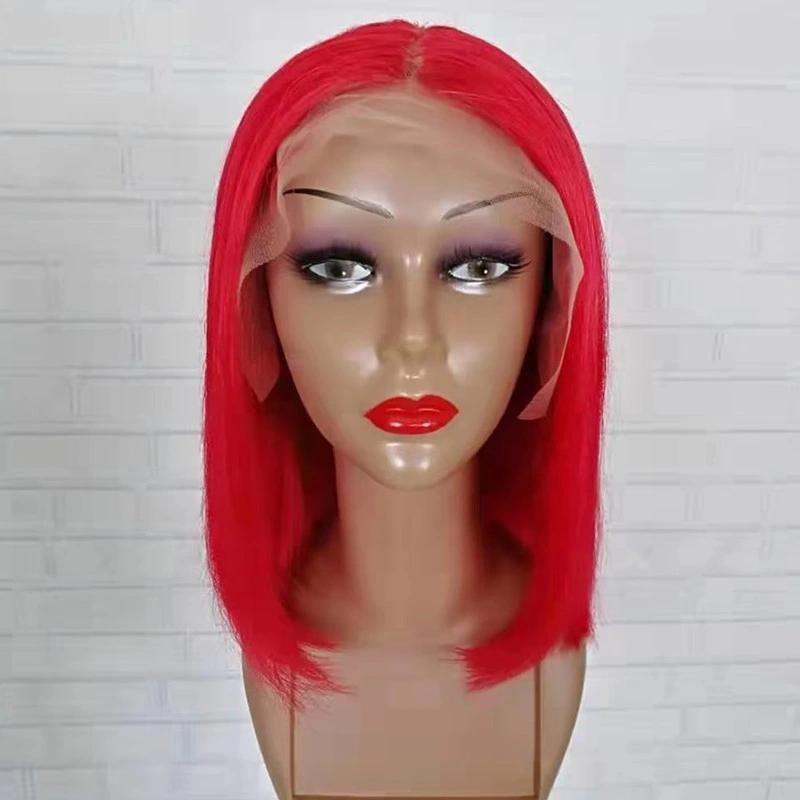 Custmozied Lace Frontal Wigs Red Clolor Bobo Straight Wavy Cosplay Human Hair Wig 8-24inch None Synthetic Remy Human Hair Wave