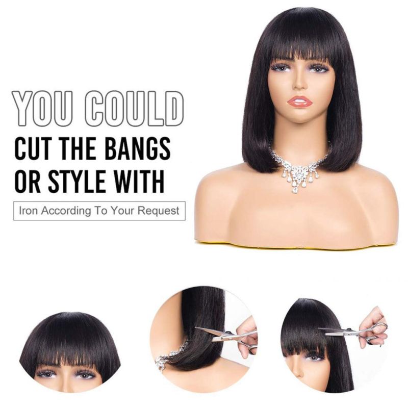 Short Bob Wigs with Bangs Brazilian Straight Human Hair Wigs Lace Front 4X4 Wigs Human Hair 150% Density Bob Wigs for Black Women Natural Color 12 Inches