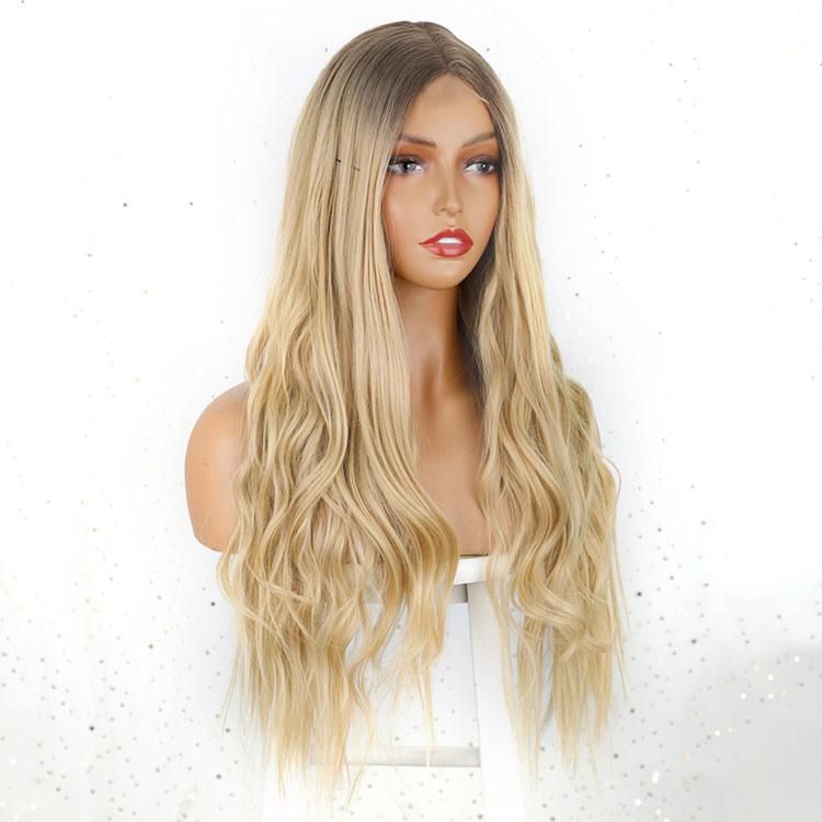 24inch Ombre Blonde Middle Part Natural Hairline Dark Roots Synthetic Long Body Wavy Wigs