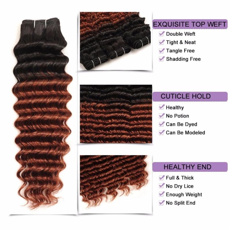 Ombre Peruvian Deep Wave 3 Bundles with Closure 1b 33 Human Hair Weave with Closure Non Remy Two Tone Dark Brown