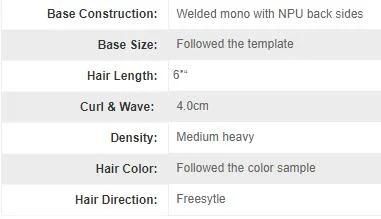 Fine Welded Mono with Skin Back Sides Durable Men′s Toupee Human Hair