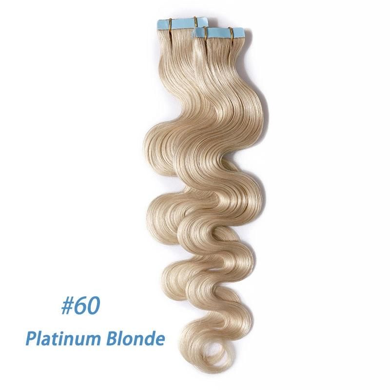 12"-24" 2.5g/PC Remy Human Hair Body Wave Tape in Hair Extensions Adhesive Seamless Hair Weft Blonde Hair 20PC (#60 Platinum Dark Blonde)