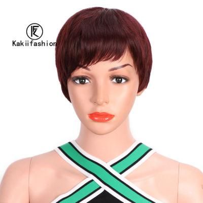 Kakiifashion Hair New Design Vendor Cheap Wholesale Short Pixie Cut Curly Wave Red Synthetic Wig with Bangs for Black Women