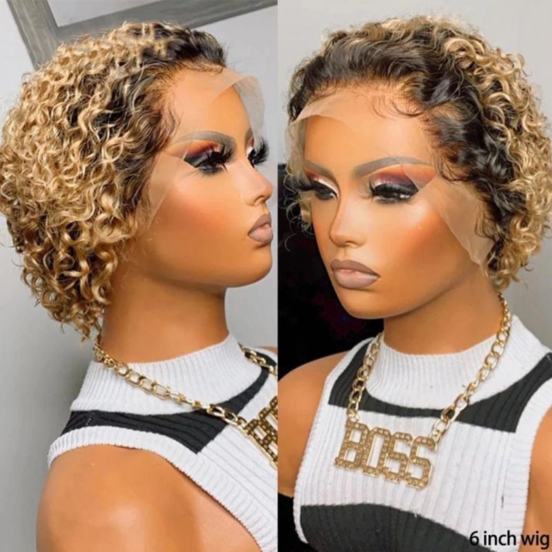 Ombre Curly Wig Human Hair 1b/27 Honey Blonde Human Hair Wigs T Part Pixie Short Wigs Human Hair 150 Remy Brazilian Hair Wig