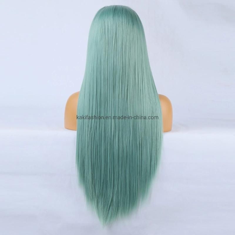 China Front Lace Big Lace Lady Synthetic Fiber Long Straight Green Wig