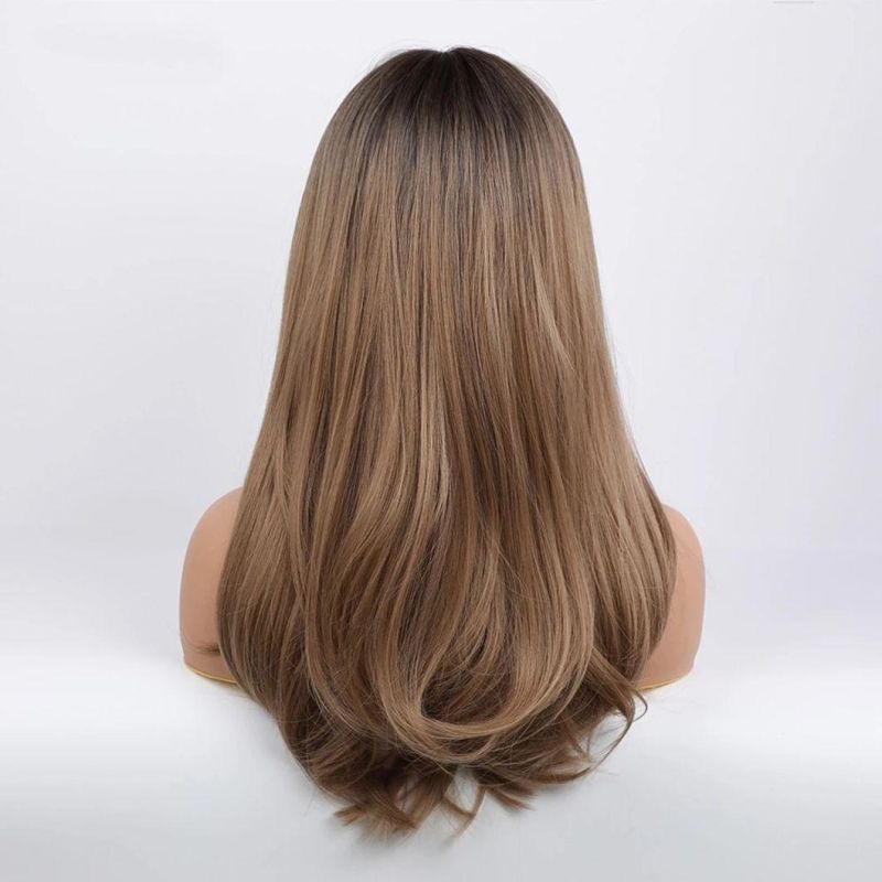 Long Natural Wave Brazilian Wig Black Light Brown Ombre Lace Front Hair Wig with Closure Bangs for Black White Women Daily Use Fluffy Wigs 22 Inch