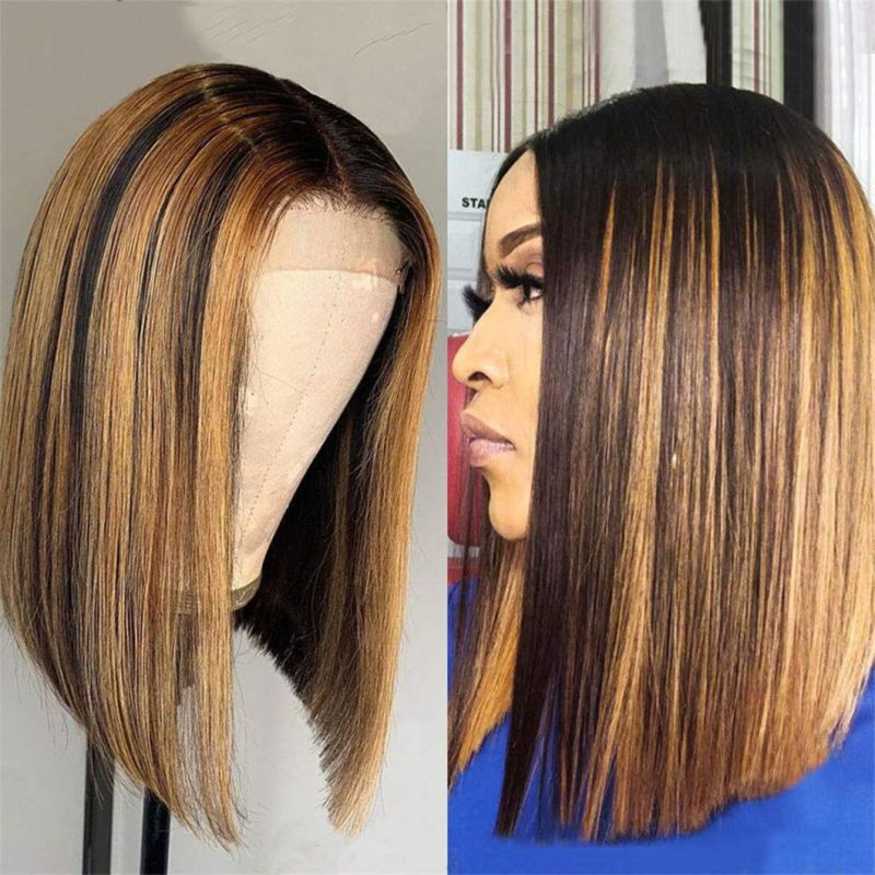 10A Short Bob Wig Lace Front Wig 13X4 Brazilian Human Hair Ombre Color Wig Brown Honey Blonde