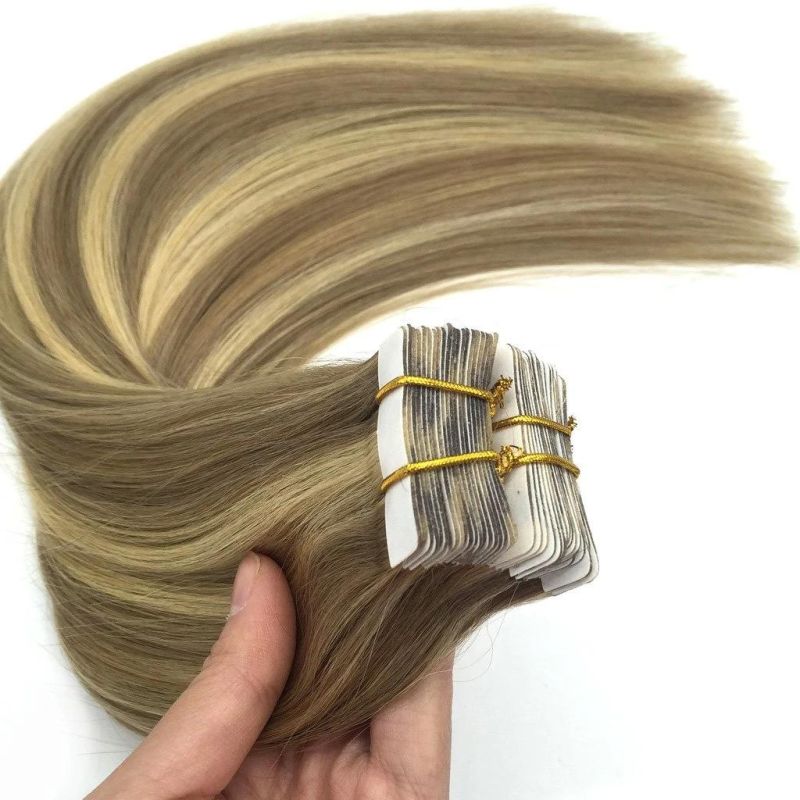 20PCS 50g Human Hair Extensions Tape in Remy Light Blonde Mixed Golden Blonde Ombre Tape in Hair Extensions Straight Natural Hair Extensions 16inch