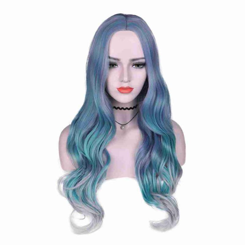 Mixed Violet Blue Green Light Gray Color Heat Resistant Fiber Long Wavy Synthetic Wigs for Women Middle Part Wig 28 Inches