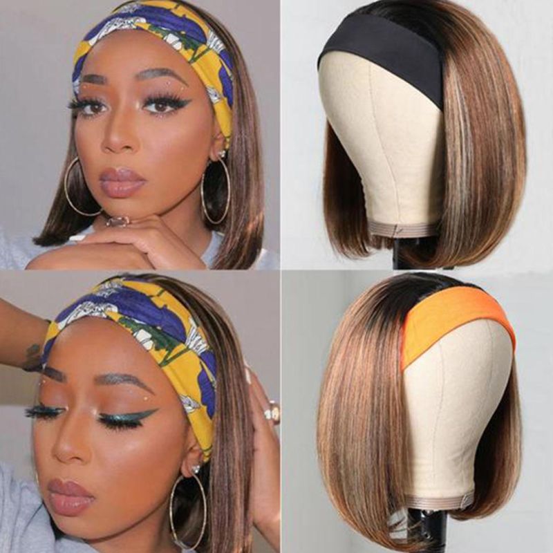 Highlight Wig Human Hair Brazilian Straight Headband Wigs Soft Bone Straight Bob Wig Brown Colored Human Hair Wigs for Women 12 Inches