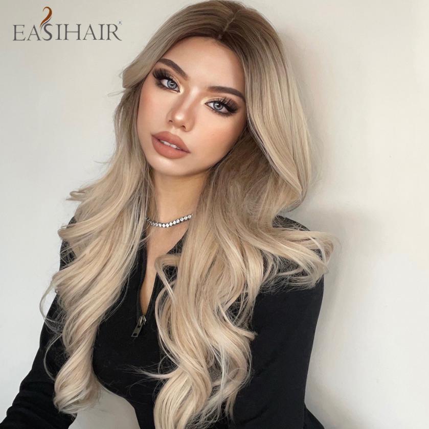 Freeshipping Ombre Brown Light Blonde Platinum Long Wavy Middle Part Hair Wig Cosplay Natural Heat Resistant Synthetic Wig for Women Dropshipping Wholesale