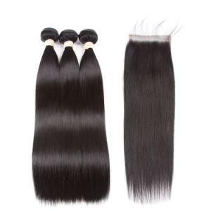 100% Human Hair Brazilian Hair Straight 3 Bundles with Lace Closure