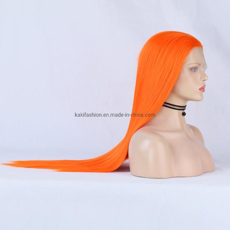 Orange Synthetic Fiber Front Lace Long Straight Hair Matte High Temperature Resistant Wig