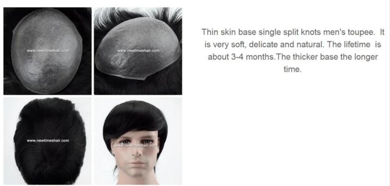 Real Human Hair Skin Base Ultra Thin Men′s Stock Wigs