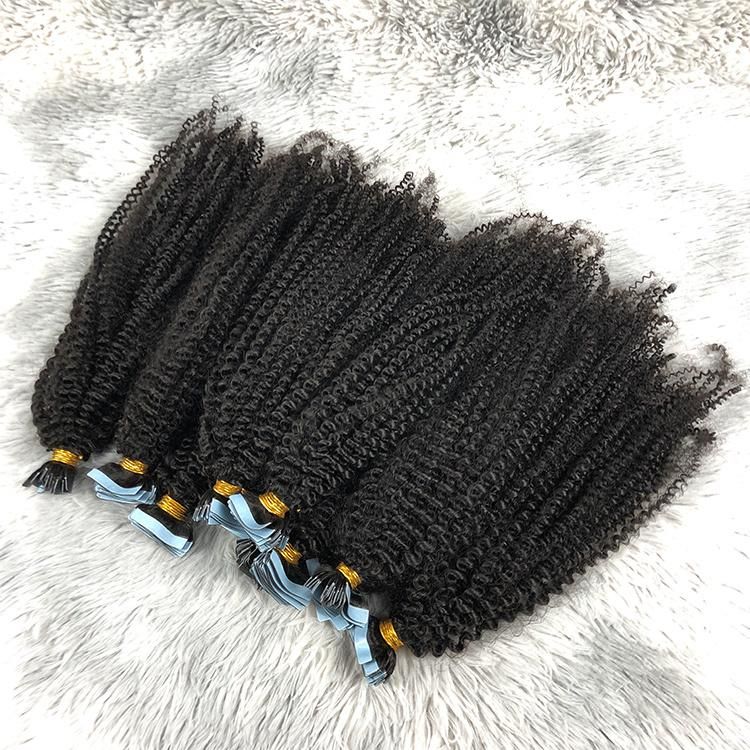 Wholesale 100% Natural Raw Indian Curly Human Hair Extensions Virgin Kinky Tape in Hair Extension
