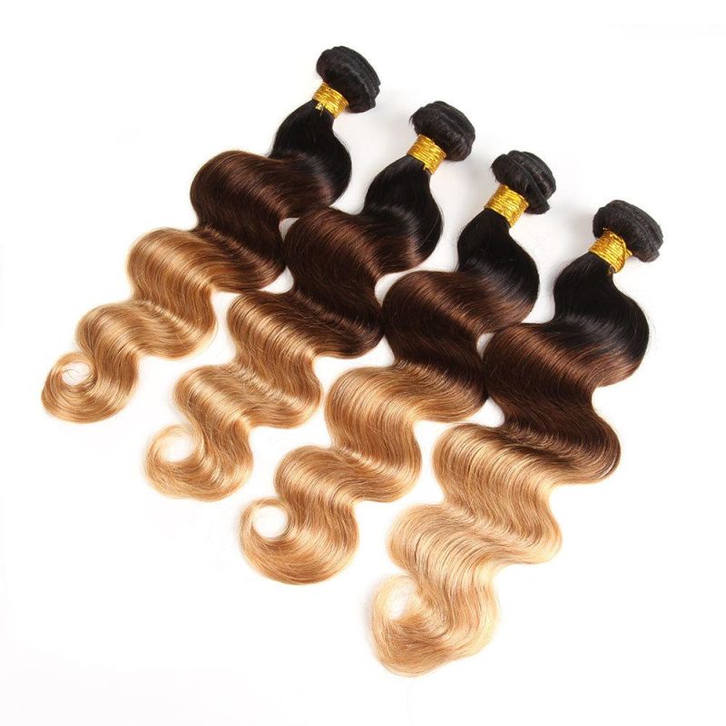 Brazilian Body Wave Human Hair Bundles with Lace Frontal Closure Ombre Brown 3 Tone 1b/4/27 Colored Human Hair Weave Bundle with Frontal Remy Hair Weaving