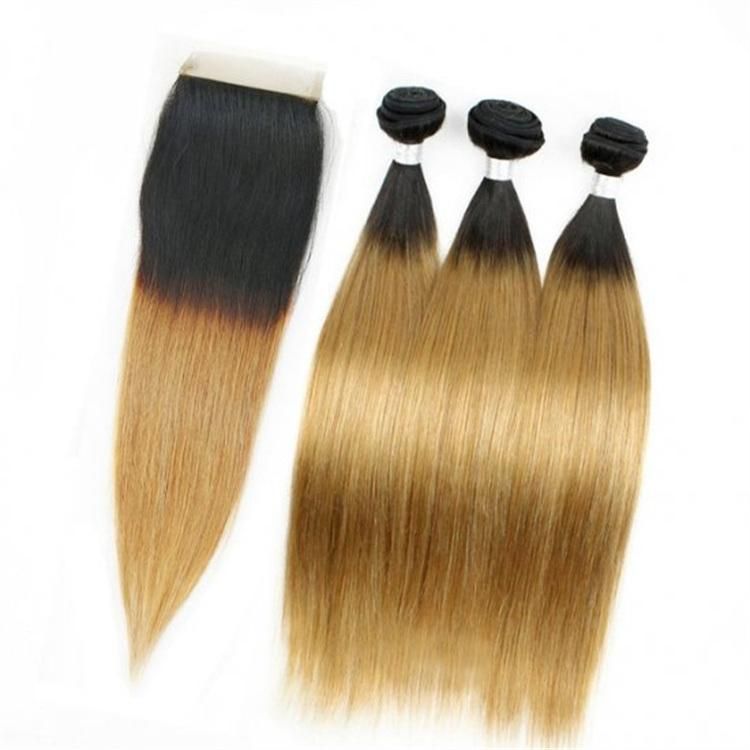 High Quality Natural Grade 1b/27 Straight Hair with Closure Wholesale Unprocessed Remy Raw Human Hair