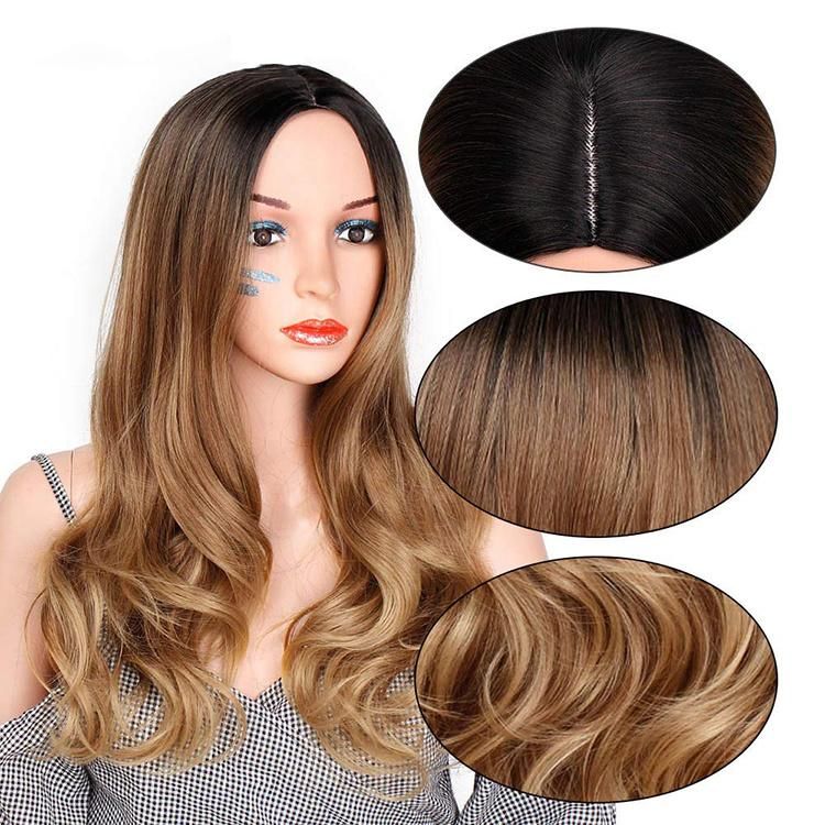 24inch Ombre Brown Synthetic Long Body Wavy Wigs for Women Water Wave Human Hair
