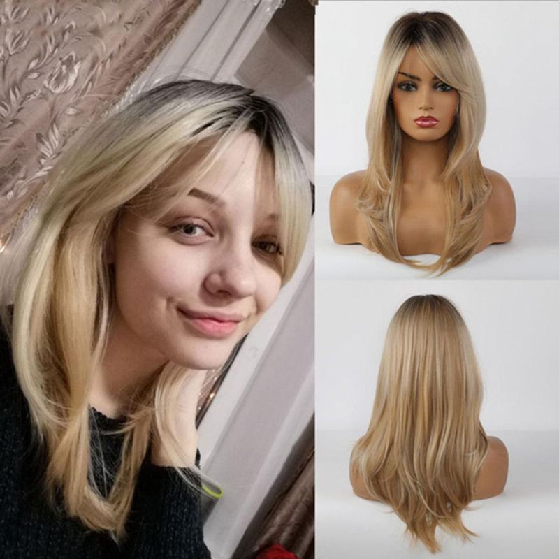 Long Natural Wave Brazilian Wig Black Light Brown Ombre Lace Front Hair Wig with Closure Bangs for Black White Women Daily Use Fluffy Wigs 22 Inch