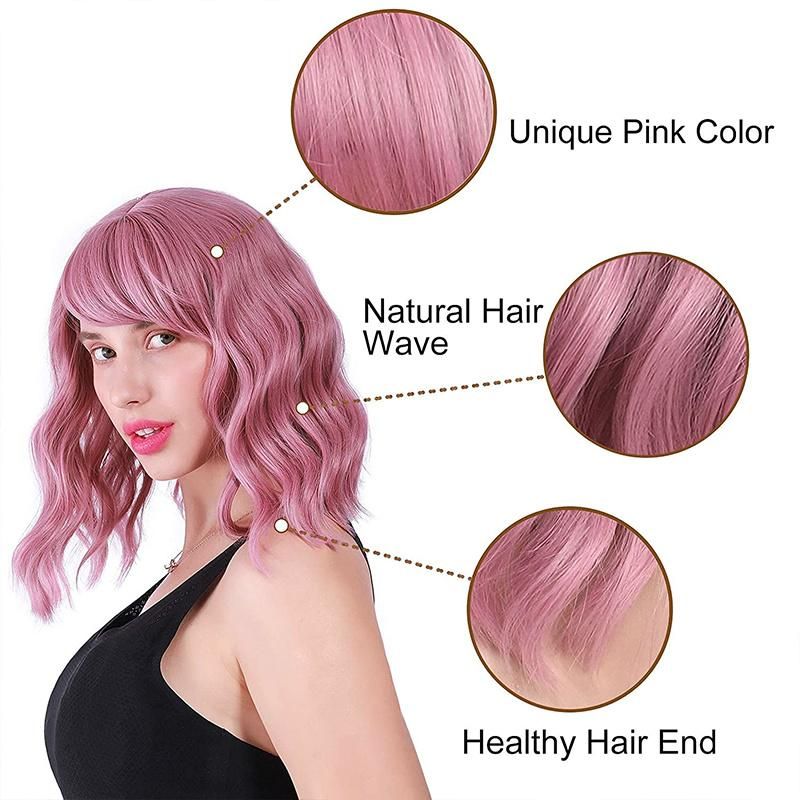 Wholesale Pink Purple Cut Short with Bangs Heat Resistant Fiber Color Wigs Bob Wigs Synthetic Wigs for Cosplay Daily Party