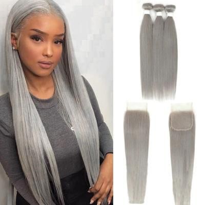 Brazilian Straight Bundle with Closure 4X4 Silver Grey Color Bundles with Closure Gray Non-Remy 100% Human Hair Bundles