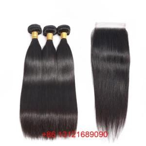 Hair Extension 100% Human Hair Bundles with Closure Brazilian Hair Weave Bundles Straight 3 Bundles with Lace Closure