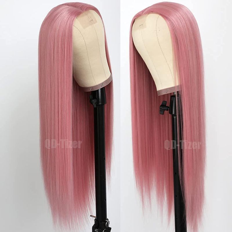 Lace Front Wigs, Long Straight Hair Peachpink Color Glueless Heat Resistant Fiber Hair Synthetic Lace Front Wigs