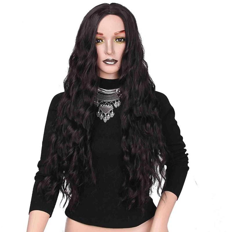 Kaki Hair 24inch Long Water Wavy Black Wigs Synthetic Wig for Women Natural Middle Part Heat Resistant Hair