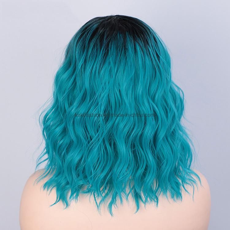 Kakiifahion Hair New Design Vendor Wholesale Curly Water Wave Ombre Blue Body Wave Bob for Black Women Synthetic Hair Wigs